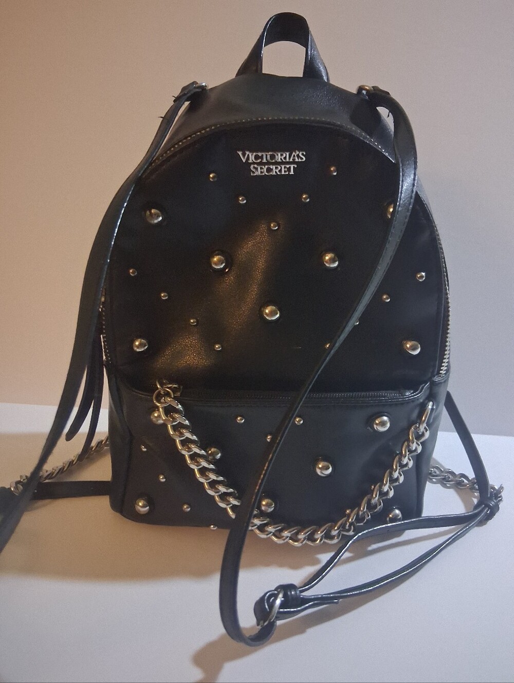Victoria's Secret Black Studded Mini Backpack with Gold Chain Accent